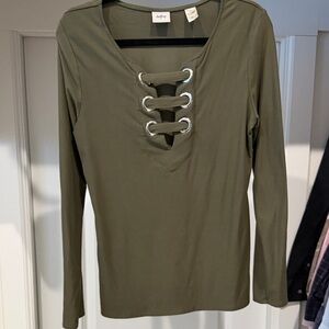 Daytrip Olive Long Sleeve Top with Grommet Accents